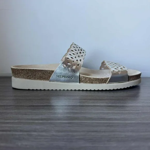 Mephisto Hennie Women's Leather Cork Sandals Mules Size 11 $160 in Silver